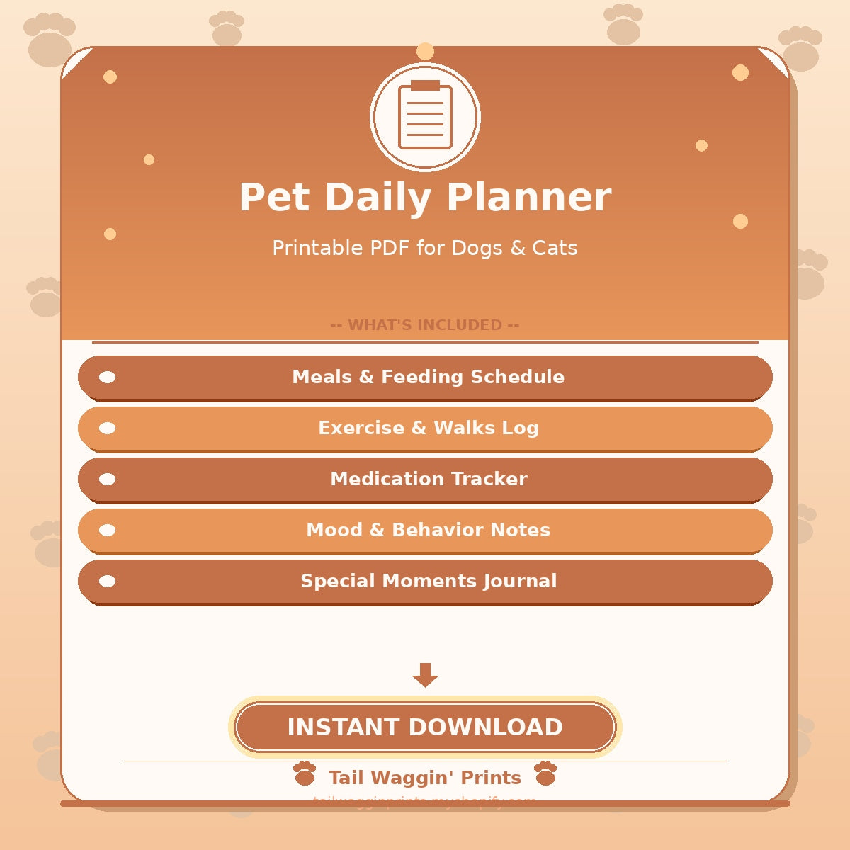 Pet Daily Planner Printable — Dog & Cat Care Tracker PDF