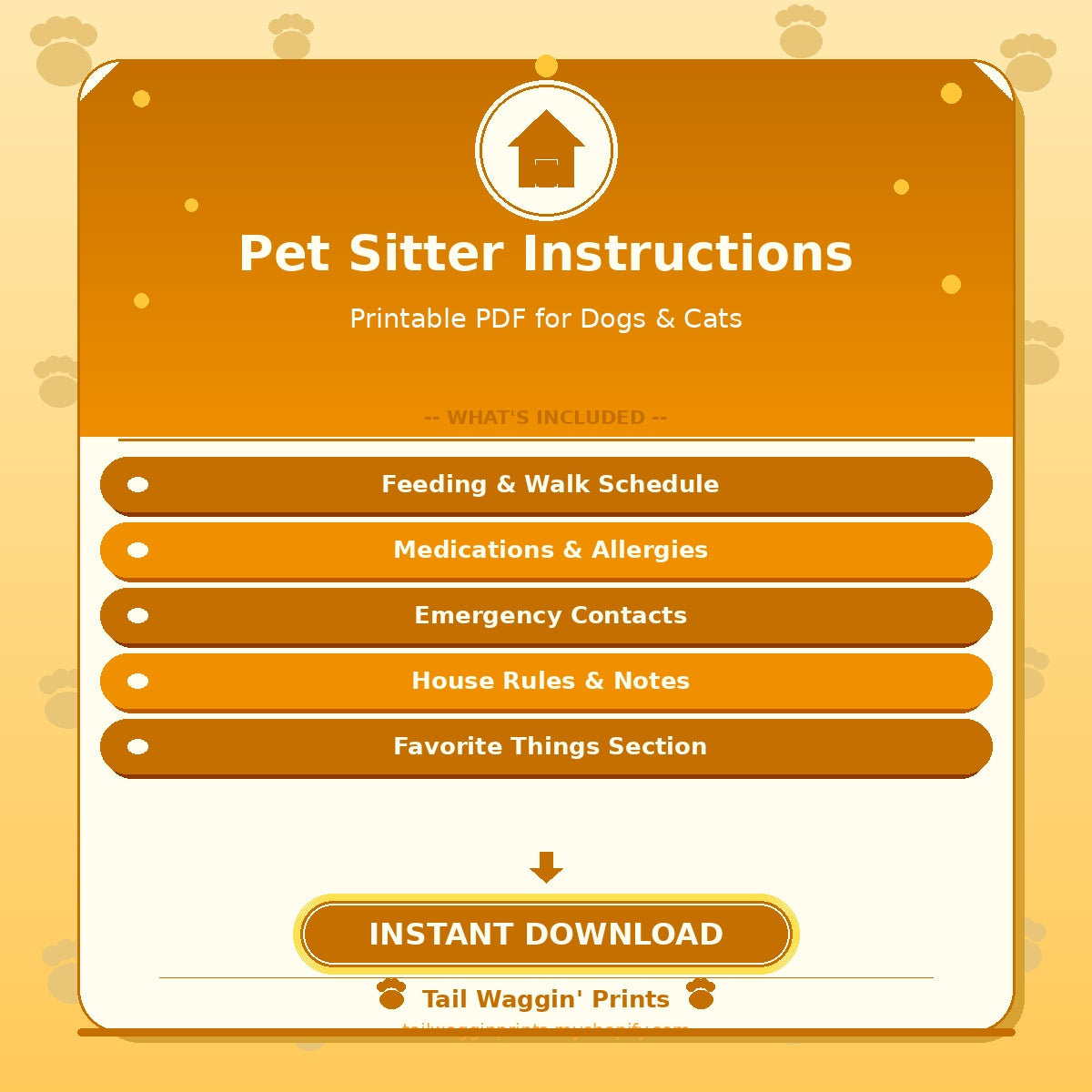 Pet Sitter Instructions Sheet — Printable PDF for Dogs & Cats