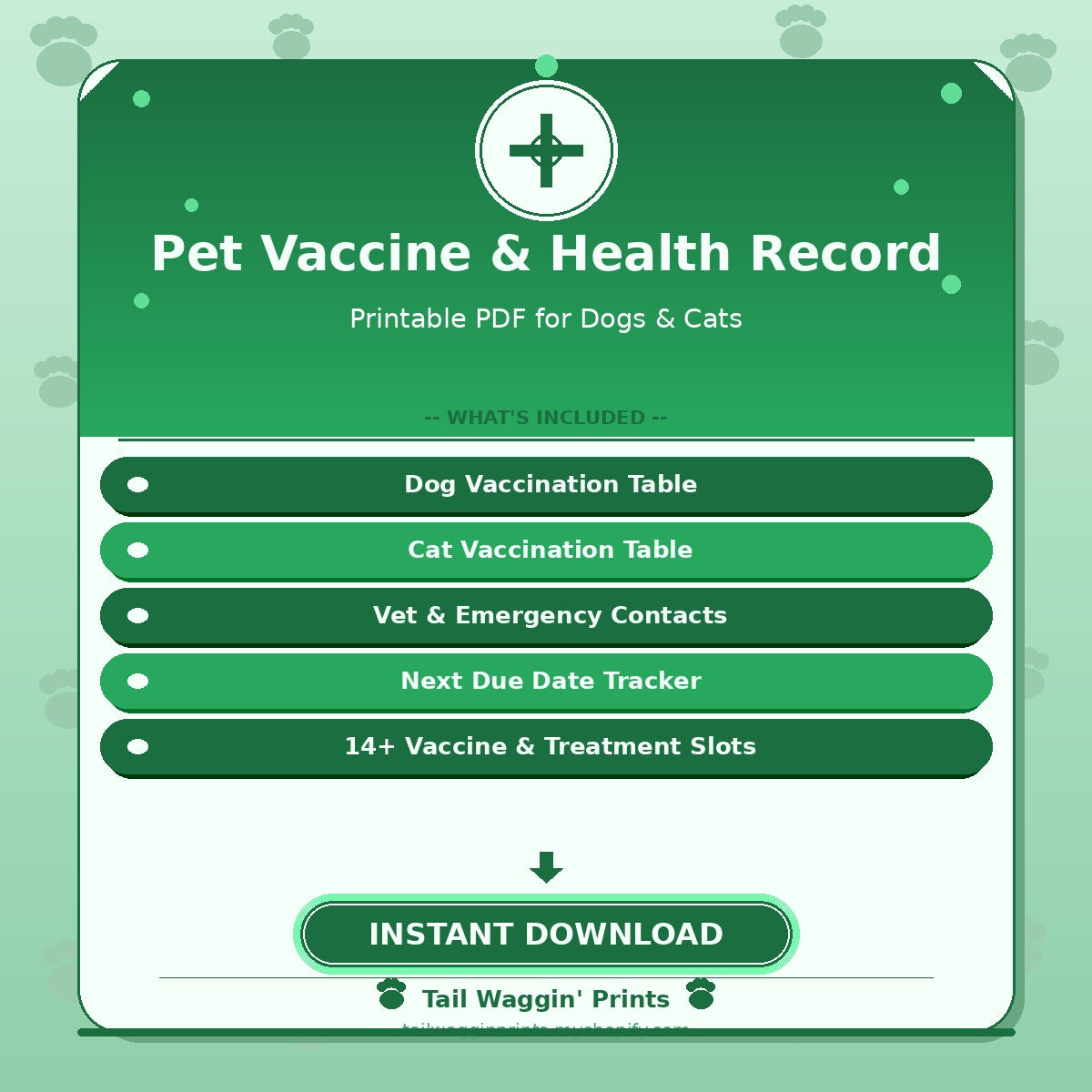 Pet Vaccination & Health Record Tracker — Printable PDF for Dogs & Cats